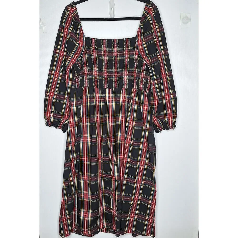J. Crew Tartan Plaid Midi Dress Smocked Cotton Cottagecore XXL 2X Academia
